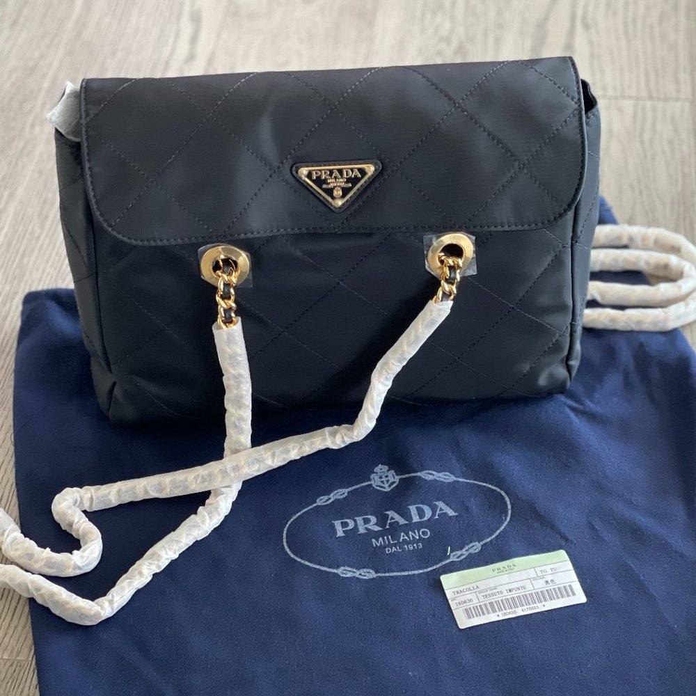 NEW PRADA Nylon Tessuto Impuntu Quilted Flap Shoulder Bag Black